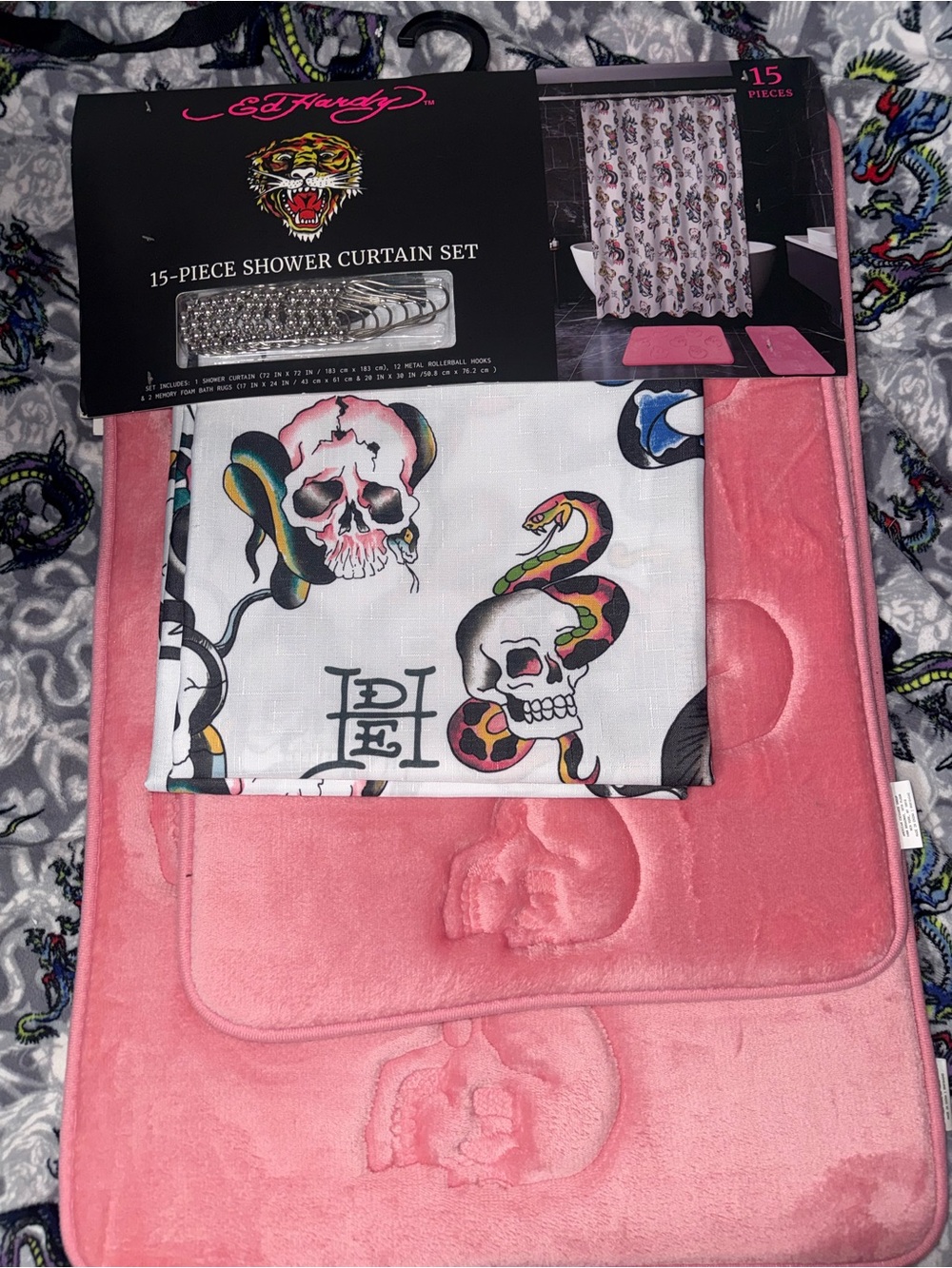 Ed Hardy Skull & Snake Shower Curtain Set in Pink